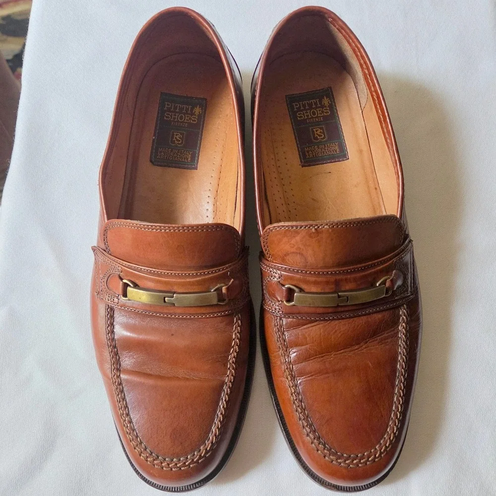 Pitti Shoes Firenze Loafers Size 9 M Italian Brown Leather Brass Bit Moc Toe